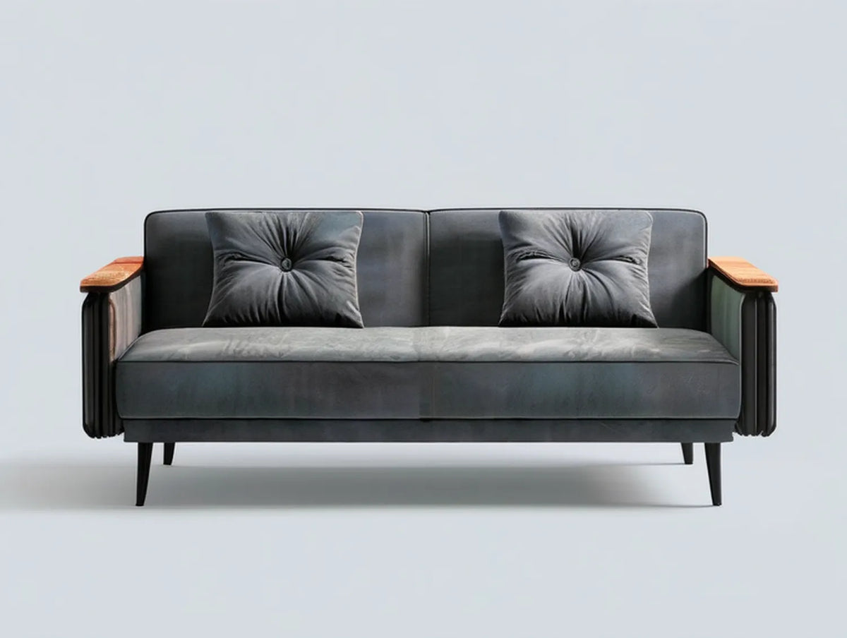 Dark Gray Velvet Loveseat with Wood Armrests and 2 Tufted Pillows, 70.9 x 33.5 x 33.9 in