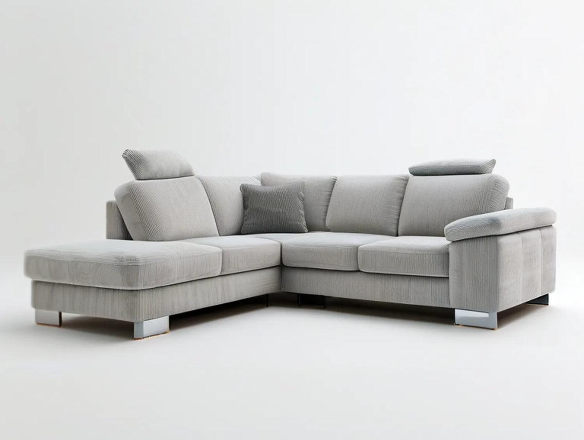 Light Gray Corduroy Sectional Sofa with Left-Facing Chaise, Adjustable Headrests, 112 x 65 x 35 in