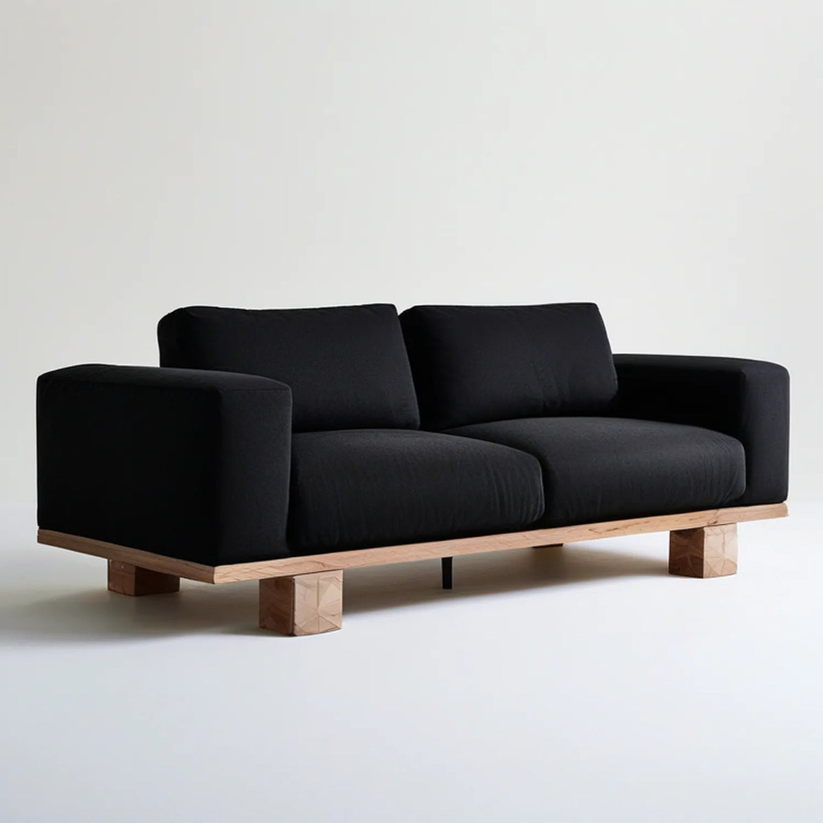 Black Polyester Upholstered Loveseat with Natural Rubberwood Base, 71 x 35 x 32 in