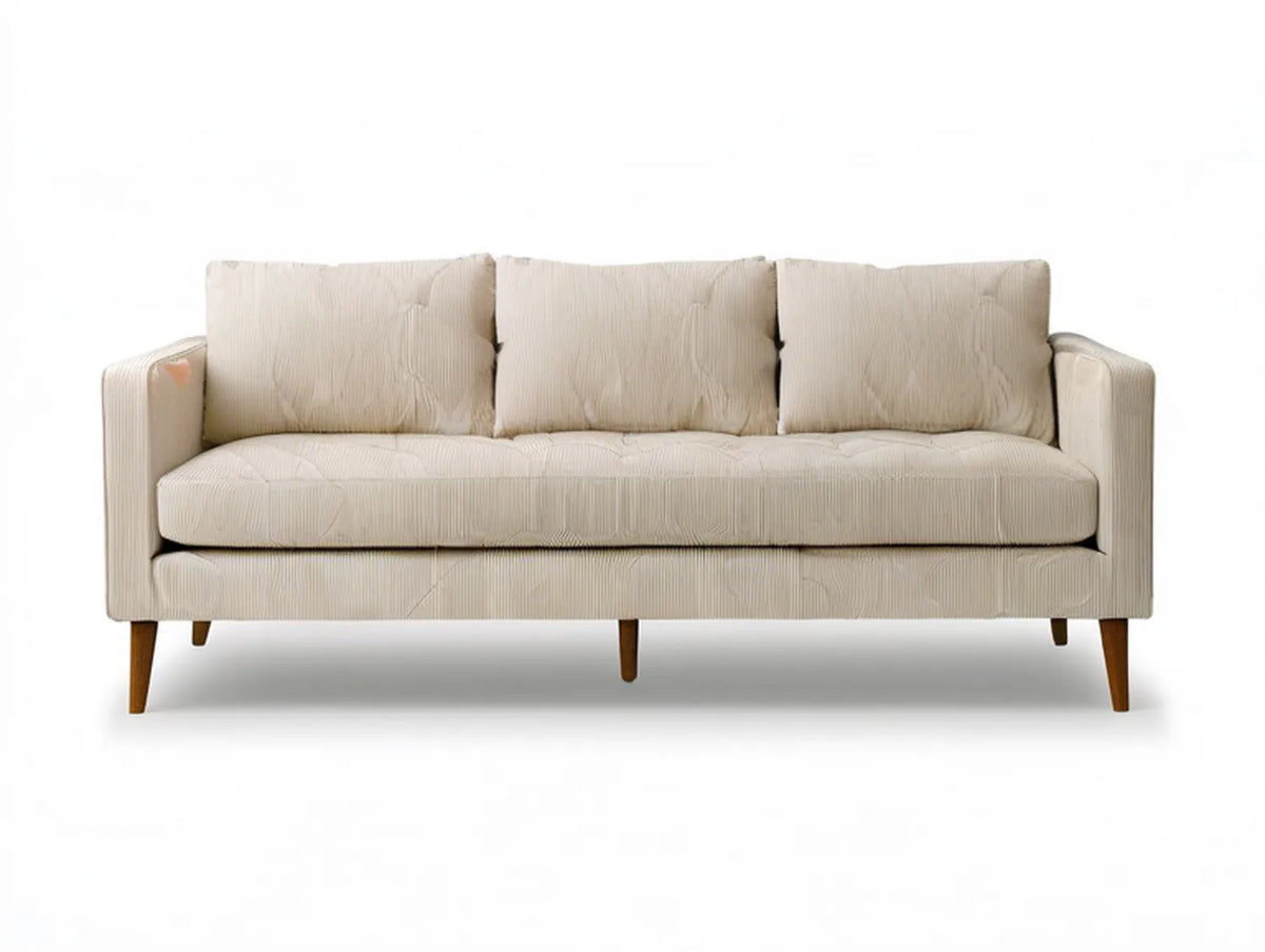 Beige Polyester Corduroy 3-Seat Sofa with Brown Wood Legs, 81.1 x 34.6 x 34.6 in