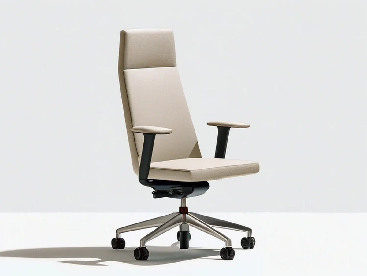 High-Back Ergonomic Swivel Office Chair with Fixed Arms, Beige/Black/Silver, 26.8 x 25.6 x 45.3-49.2 in