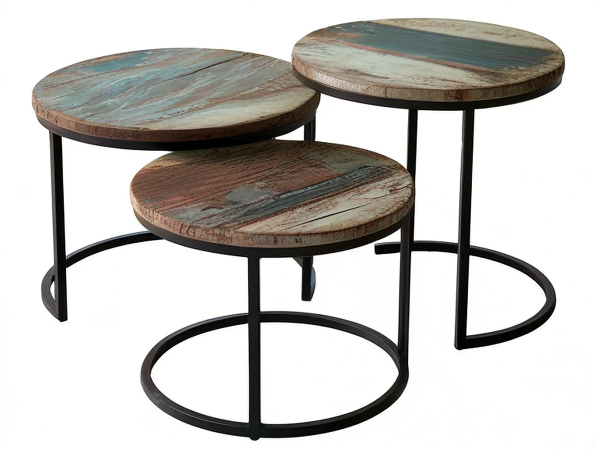 Set of 3 Round Nesting Side Tables, Weathered Blue/Brown/Beige MDF Tops with Black Steel Frames, 23.6 in, 19.7 in, and 15.7 in Diameter