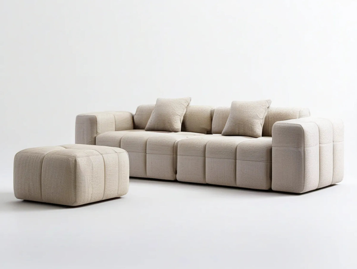 3-Seater Ivory Bouclé Sofa with Ottoman, 94 x 39 x 32 in