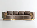 4-Seat Curved Brown Velvet Sofa with Gold Base and Sculpted Arm Accents, 104 x 39 x 31 in