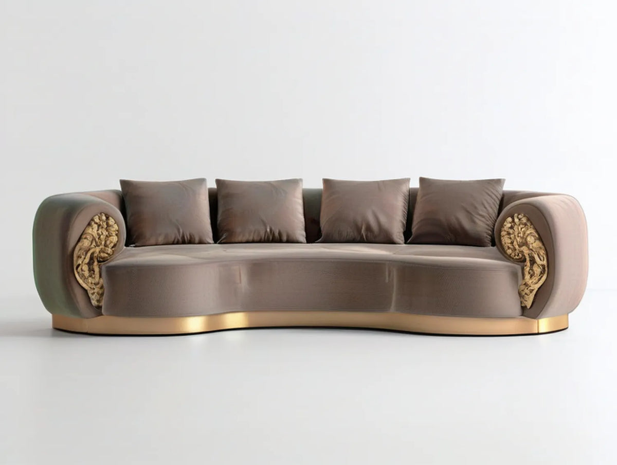4-Seat Curved Brown Velvet Sofa with Gold Base and Sculpted Arm Accents, 104 x 39 x 31 in