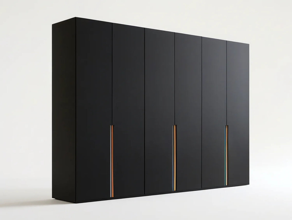 Black 6-Door Wardrobe with Gold Handles, 118.1 x 23.6 x 78.7 in