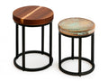 2-Piece Round Nesting Table Set, Solid Hardwood and Glazed Ceramic Tops with Black Steel Frames, Brown/Green/Beige, 20 in x 24 in and 18 in x 20 in