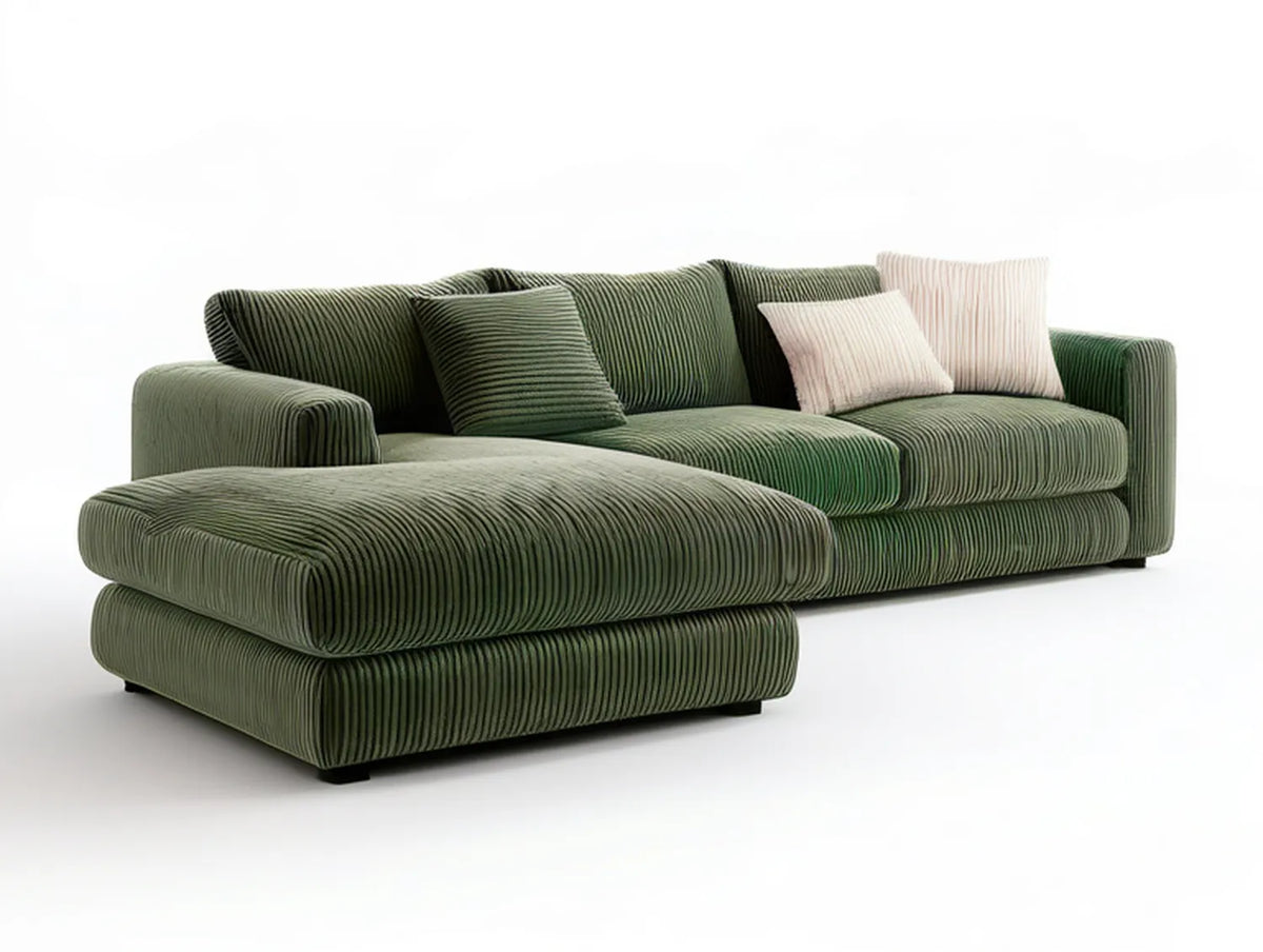 Green Polyester Corduroy L-Shaped Sectional with Left-Facing Chaise, 112 x 65 x 34 in