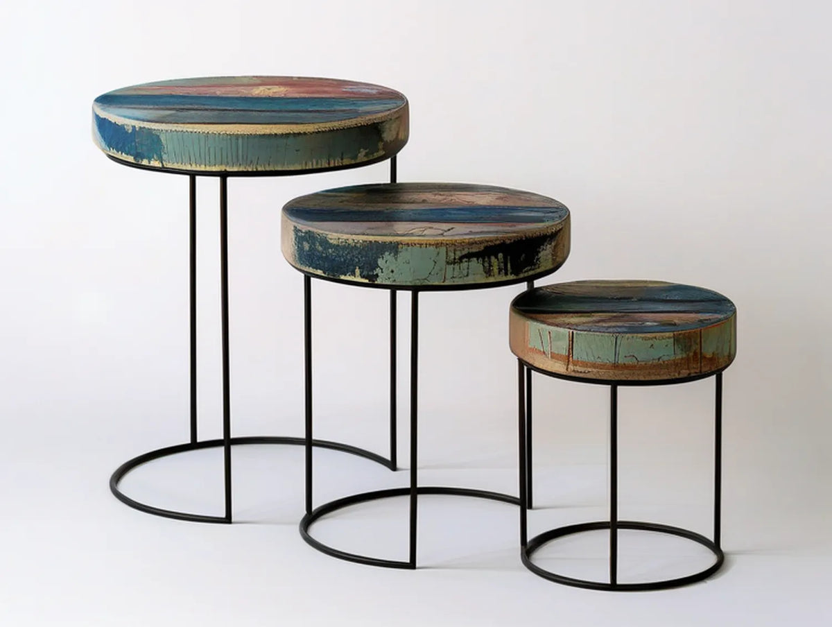3-Piece Round Nesting Accent Table Set, Painted MDF Tops with Black Steel Frames, Blue/Green/Black/Brown/Red, 19.7 x 23.6 in, 17.7 x 19.7 in, 15.7 x 15.7 in